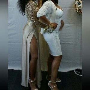 XS Custom Special occasions dress double leg split & glittered mesh long sleeve.